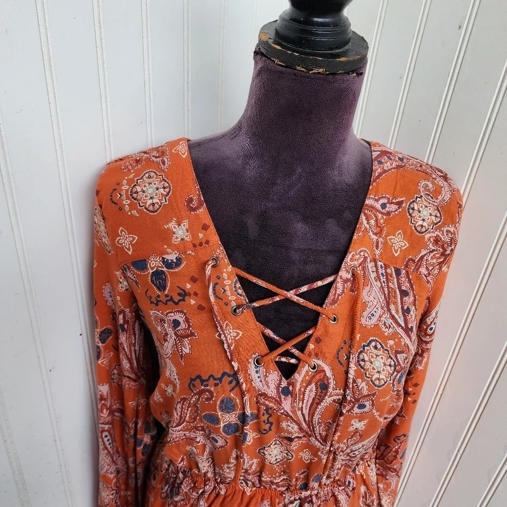Abercrombie & Fitch Women's Paisley Romper Orange Long Sleeves Lace Up XS